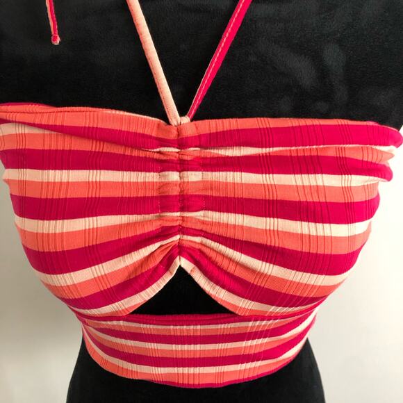 L*SPACE Paloma Top Small Striped Halter‎ Crop Top Red Pink Orange Cutout Detail - Picture 1 of 8